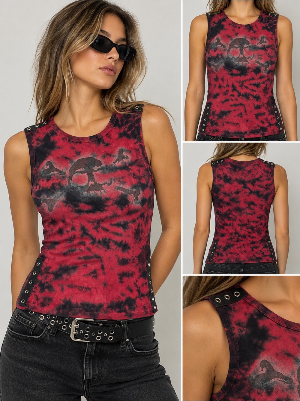 Vintage Y2K MT:2 Red Black Tie Dye Skull Grommet Tank Top Made in USA M